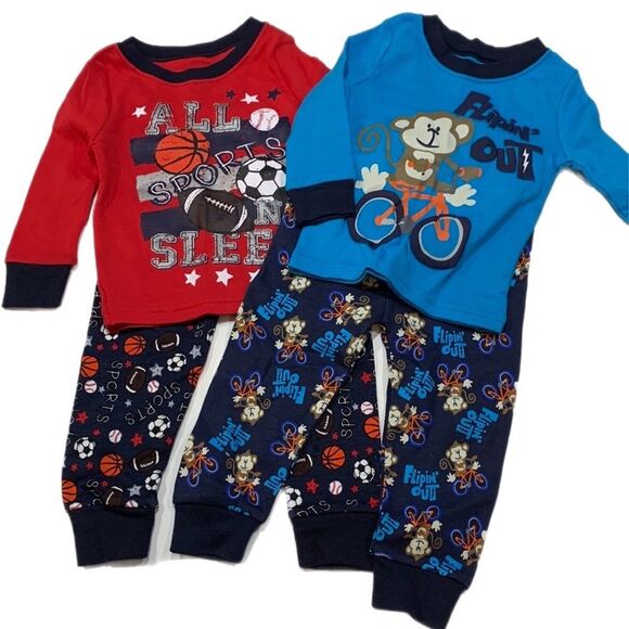 NEW Garanimals | Boys 2 Pair LONG SLEEVE Pajamas PJS Navy Blue Red Sports Monkey - Picture 1 of 6